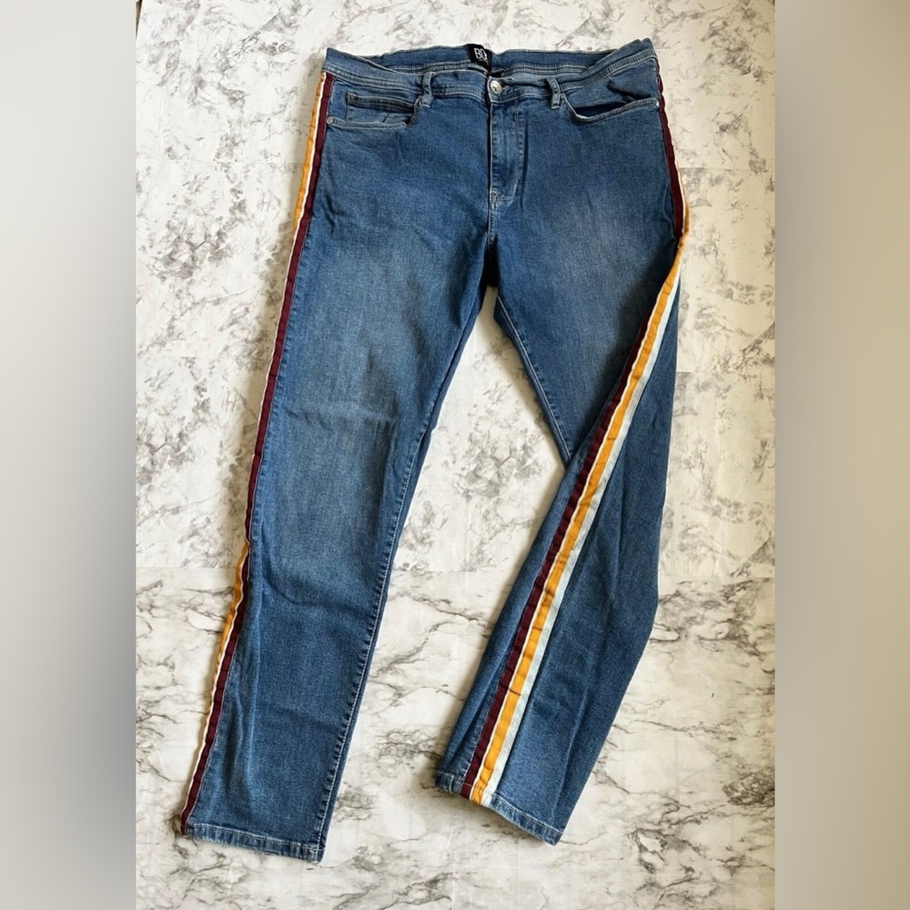BDG Skinny Jeans with Red, Yellow and White Side Stripes
